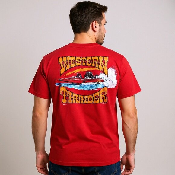 Vintage 90s Western Thunder Graphic T-Shirt Hanes Beefy-T - Picture 1 of 14